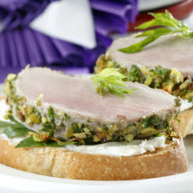 Pistachio-Crusted Pork Tenderloin Bruschetta