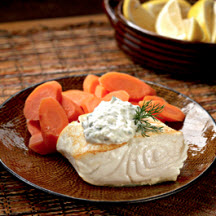 Chardonnay-Roasted Alaska Halibut with Cucumber-Dill Sour Cream Sauce