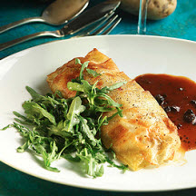 Idaho® Potato Crusted Black Bass with Black Truffle Sauce and Wild Arugula