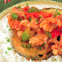 Rock Shrimp Creole with Fried Eggplant