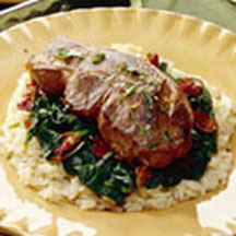 Pan Broiled Lamb Chops over Sauteed Spinach and Pancetta