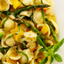 Orecchiette Pasta with Yellow Tomatoes, Asparagus and Italian Cheeses