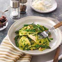 Quattro Formaggi Agnolotti with Pesto, Asparagus & Green Beans