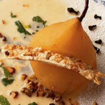 Warm Poached Bosc Pear Stuffed with Blue Cheese