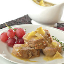 Calvados-Braised Pork Tenderloin Roast with Peppered Apple and Onion Gravy