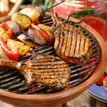 Caribbean Barbecued Pork Chops with Vegetable Kabobs