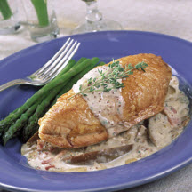 Chicken Breasts Roasted with Bacon and Pears in Mustard Cream Sauce