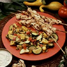 Spicy Garlic Chicken Kabobs with Pistachio Vegetables