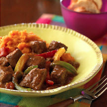 Mexican Beef Stew over Chipotle Sweet Potato Mashers